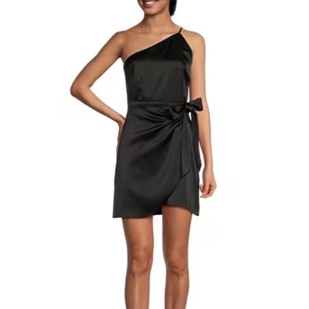 Gianni Bini Women's Black Satin One Shoulder Tie Waist Wrap Mini Dress Size 2